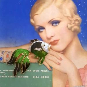 Vintage Enamel FISH Pin Brooch Green/Blue with Rhinestones Huge 4.5"